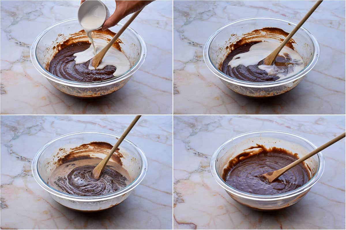 collage of four photos showing mixing of wet ingredients
