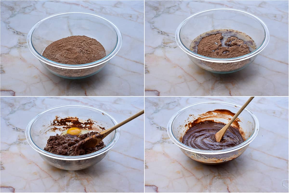 collage of four photos showing mixing of wet and dry ingredients