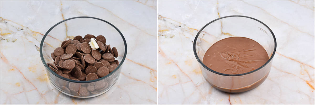collage of two images showing melting chocolate candy melts