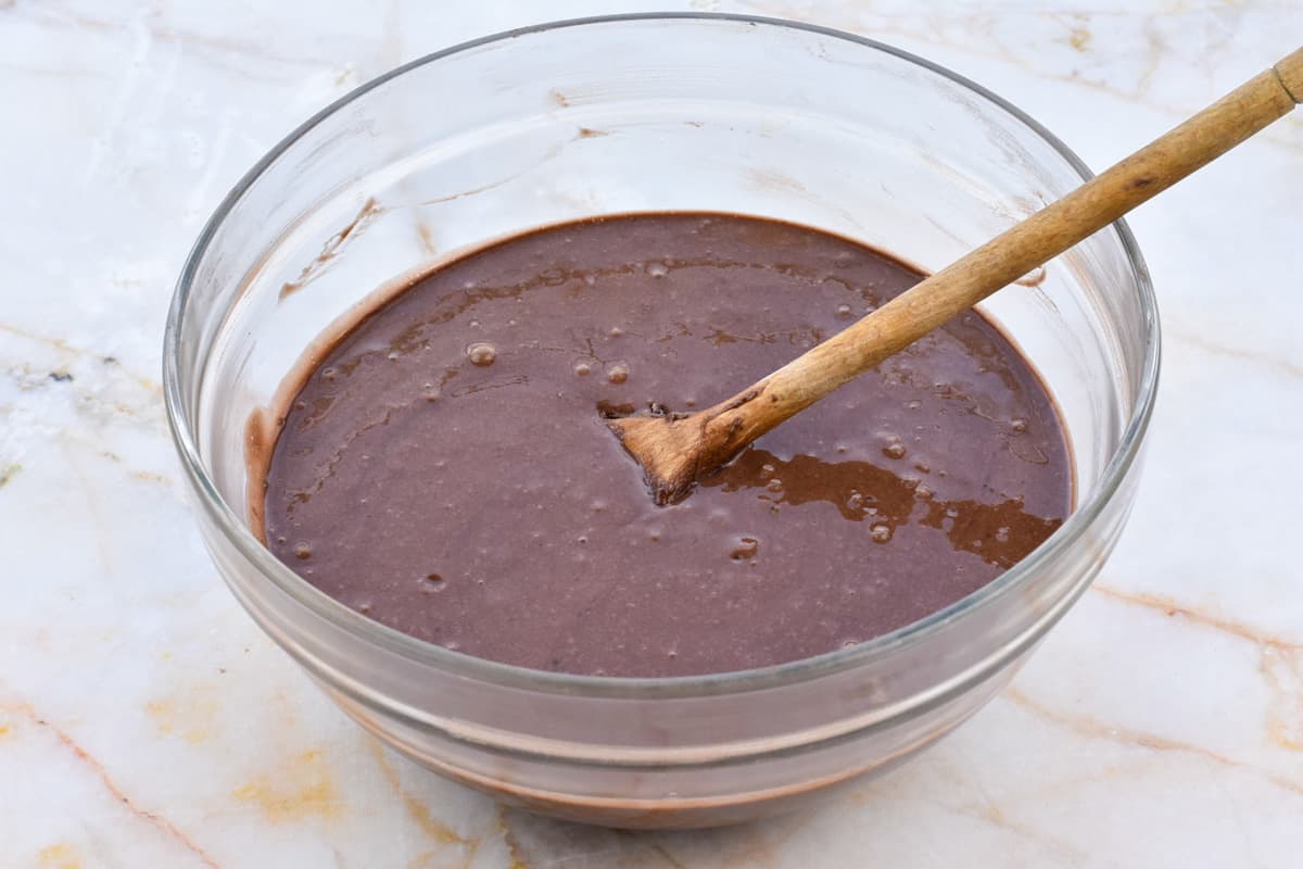 chocolate cake batter in a mixing bowl.