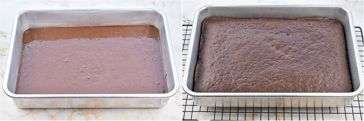 collage of two images showing cake before and after baking