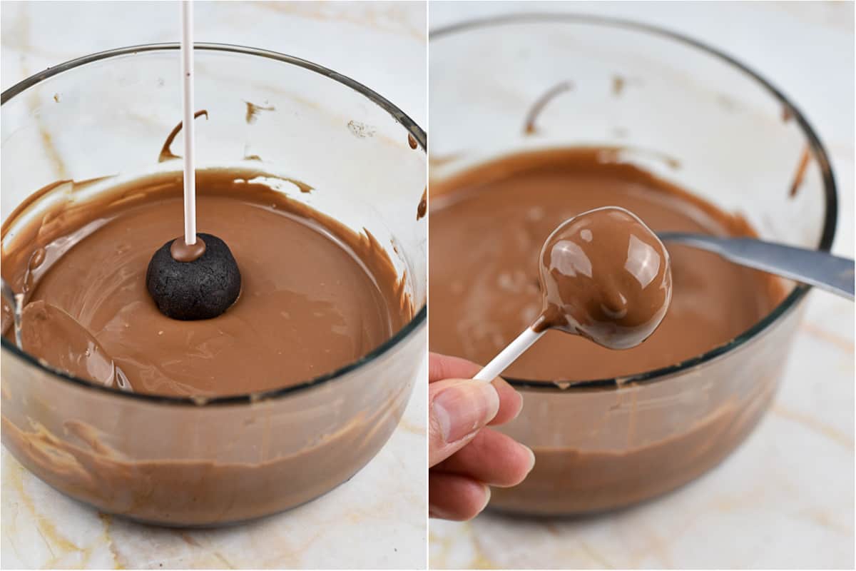 collage of two ingredients showing dipping cake pop in chocolate.