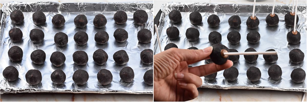 collage of two images showing rolling cake pops.