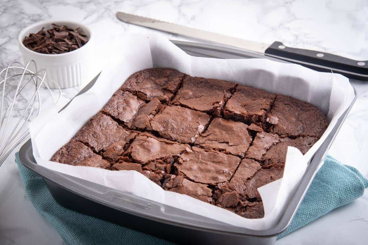 brownies in a pan cut into squares