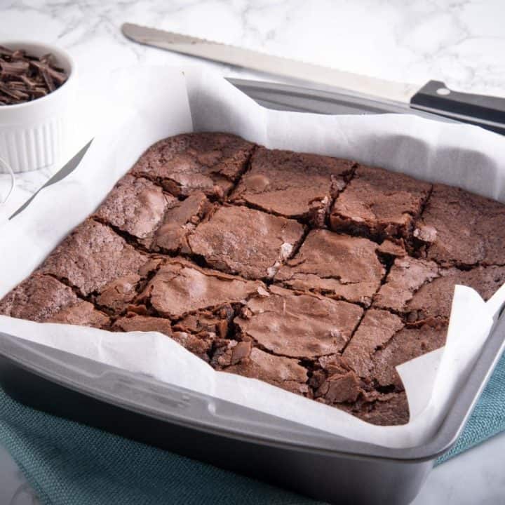 brownies in a square pan cut into slices
