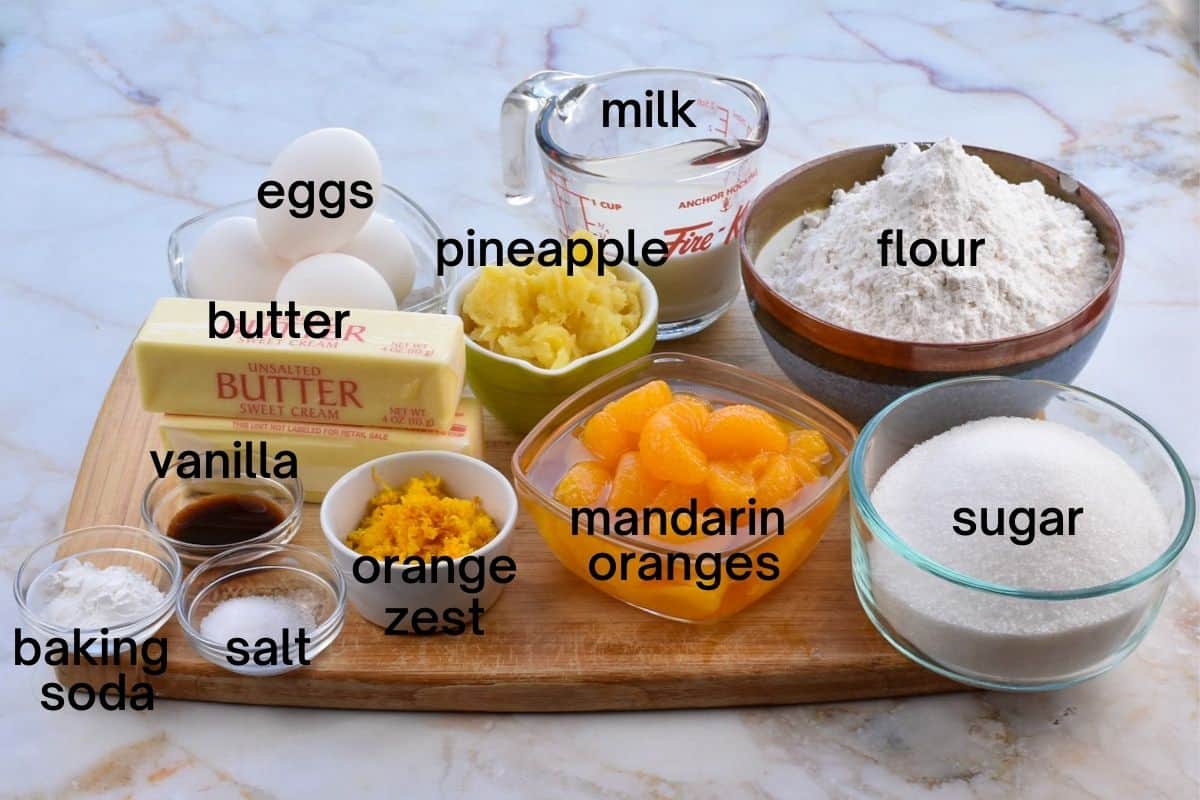 cake ingredients pre-measured in bowls and labeled on counter. 