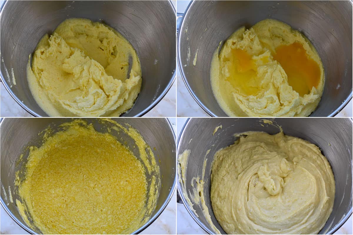 collage of four images showing creaming of butter and sugar. 