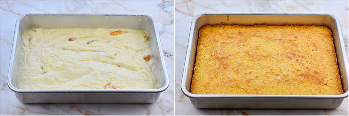 two image collage of pea pickin' cake before and after baking.