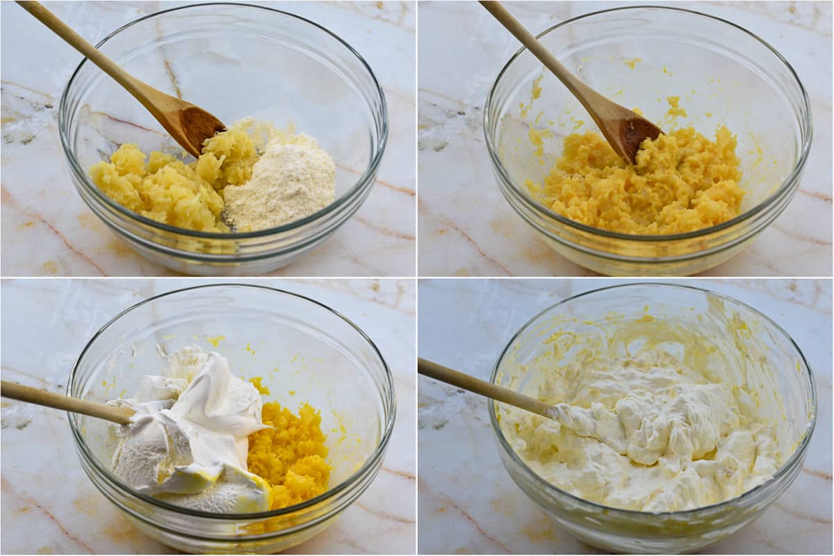 collage of four images of making whipped cream frosting. 