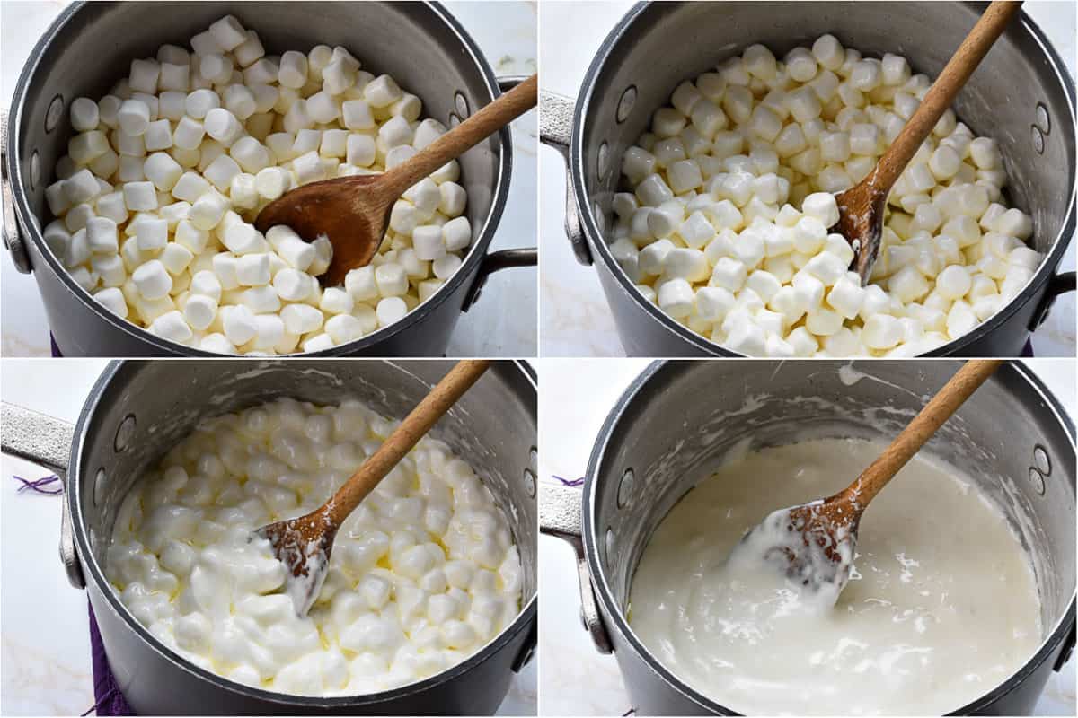 collage of four images showing melting marshmallows on pot on stove. 