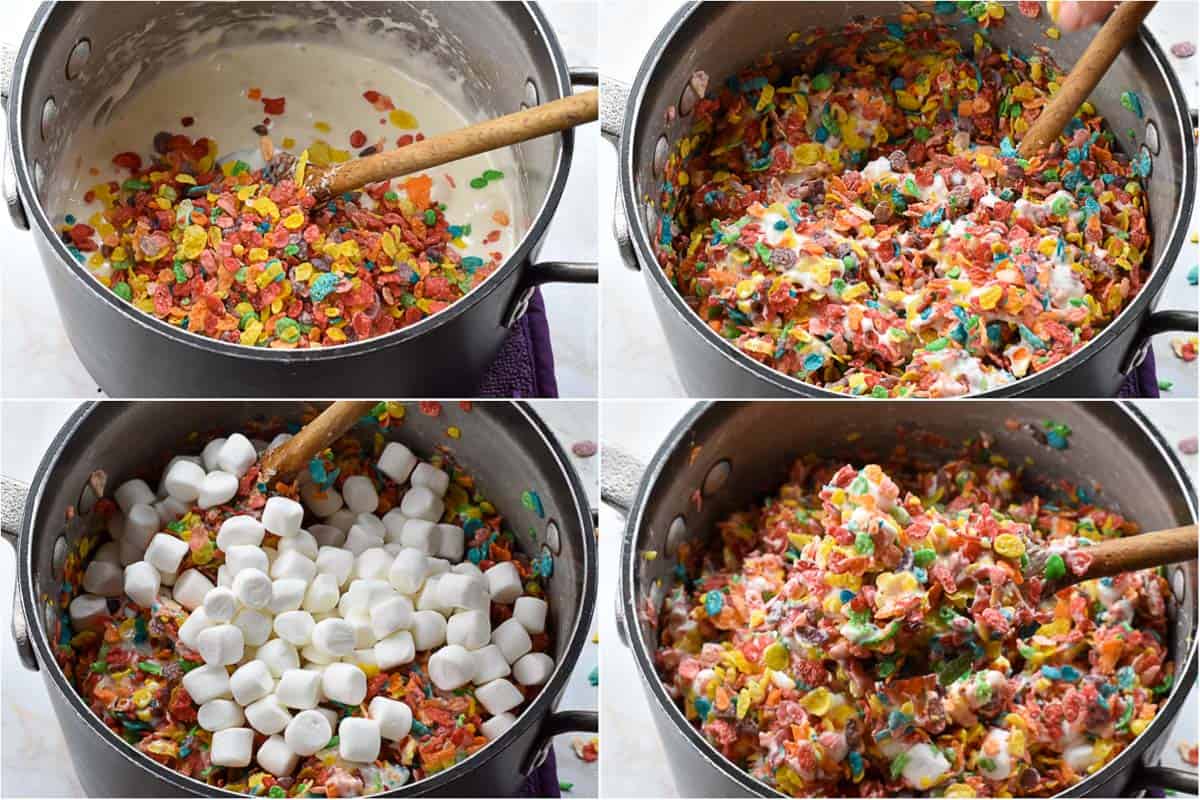 collage of four images showing mixing fruity pebbles with marshmallows. 