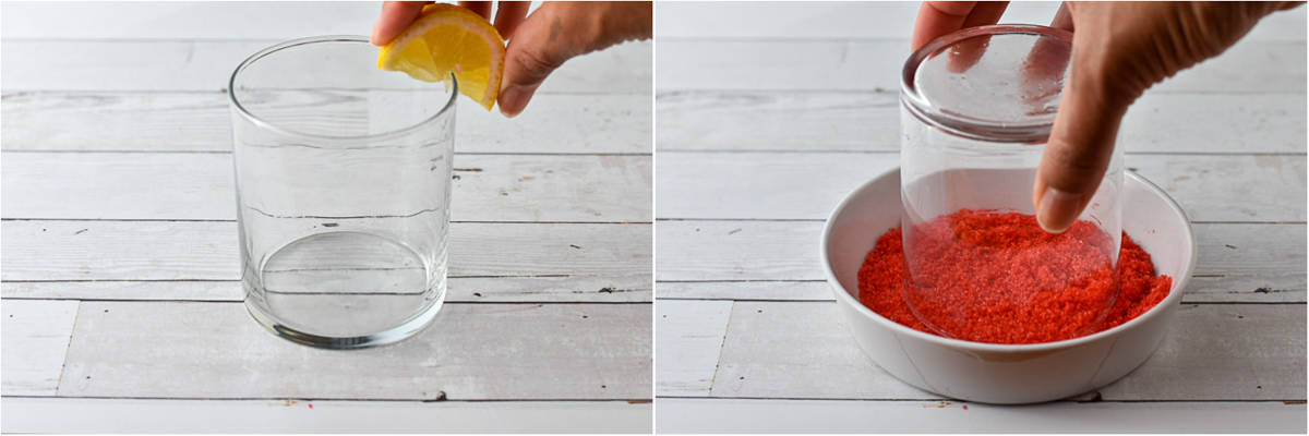 collage of two photos showing rimming glass with red sugar.