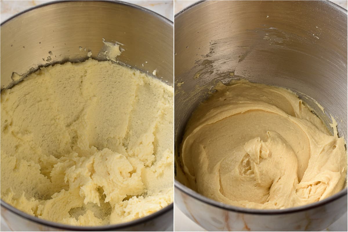 collage of two images showing creaming of butter and sugar.