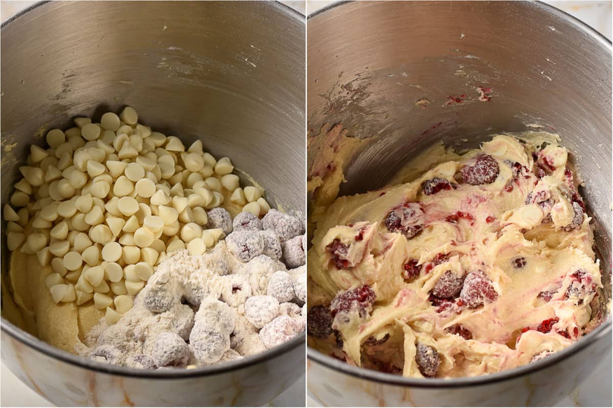 collage of two images showing white chocolate and raspberries mixed in batter.