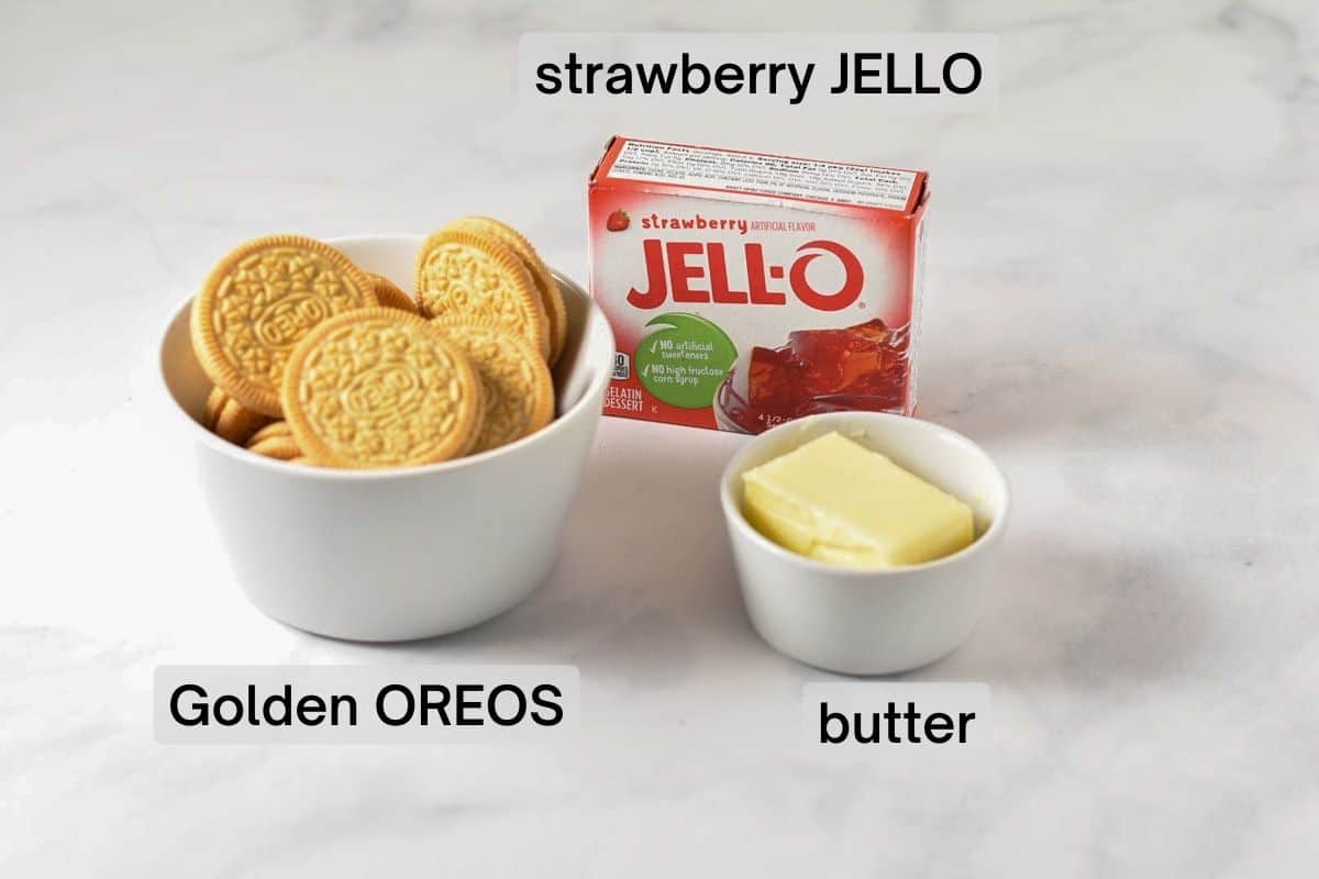 golden oreo, strawberry jello, and butter ingredients.