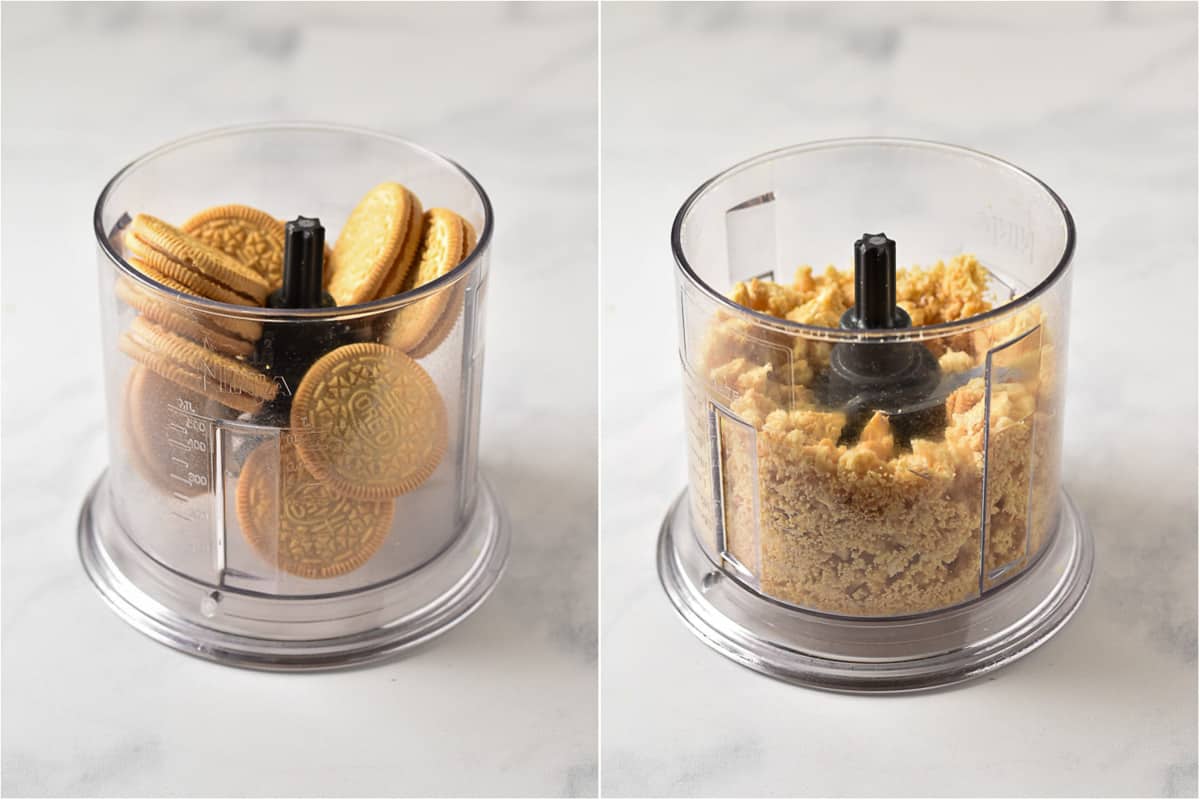 collage of two images showing golden oreos in a food processor.