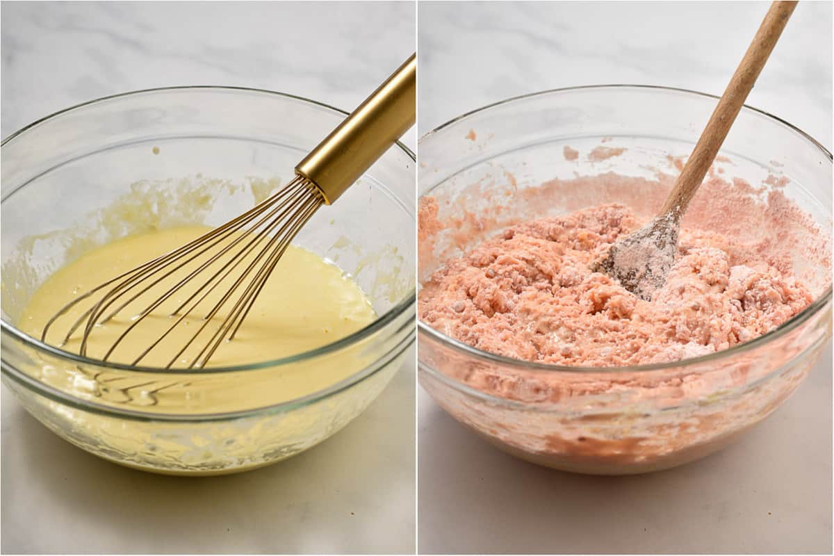 collage of two images showing mixing the cake batter.