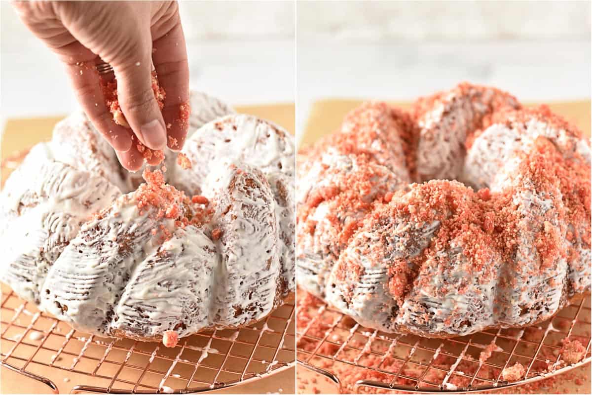 collage of two images showing sprinkling strawberry shortcake crunch on cake.