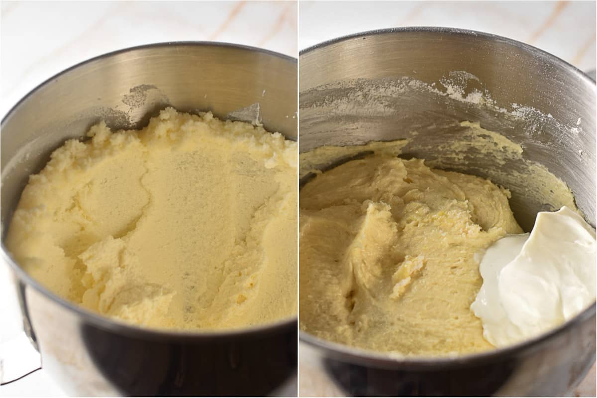 collage of two images showing cake batter in a bundt pan.