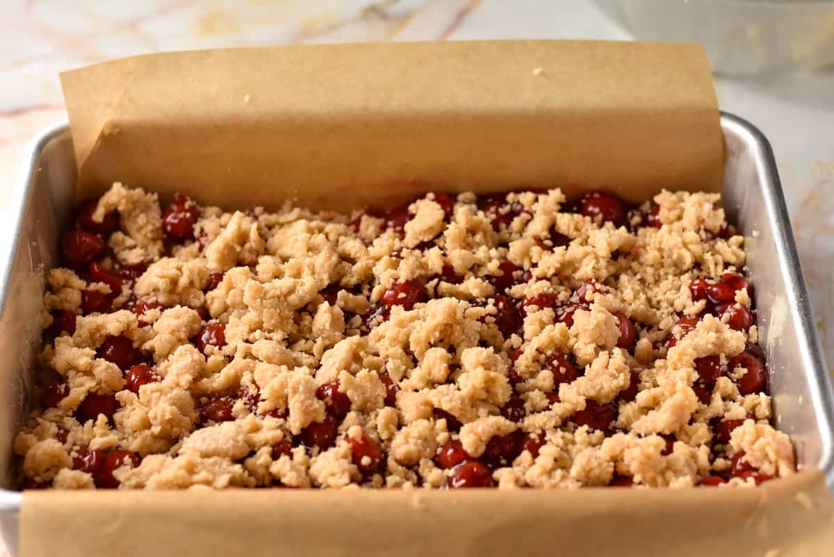 cherry coffee cake in pan before baking.