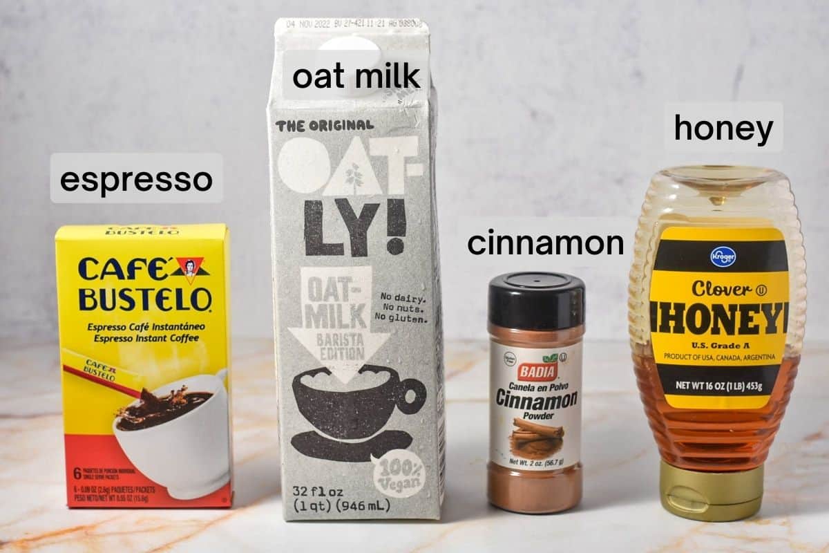 ingredients for a honey oatmilk latte.