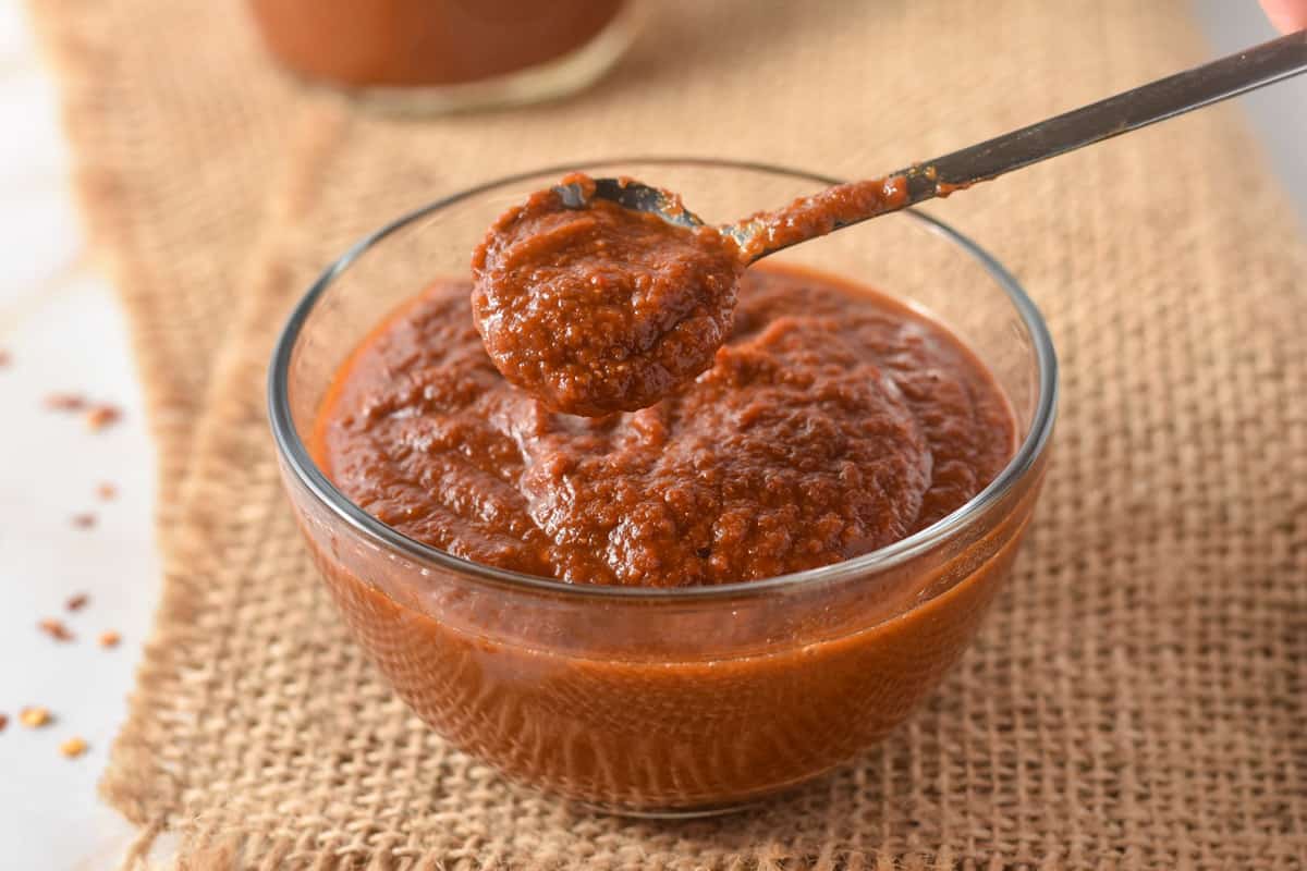 tex mex paste in a bowl with spoon dipped into it. 