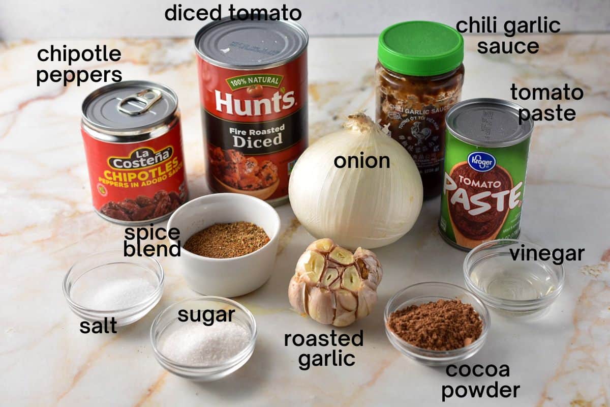 ingredients for hello fresh tex mex paste labeled and measured on counter. 