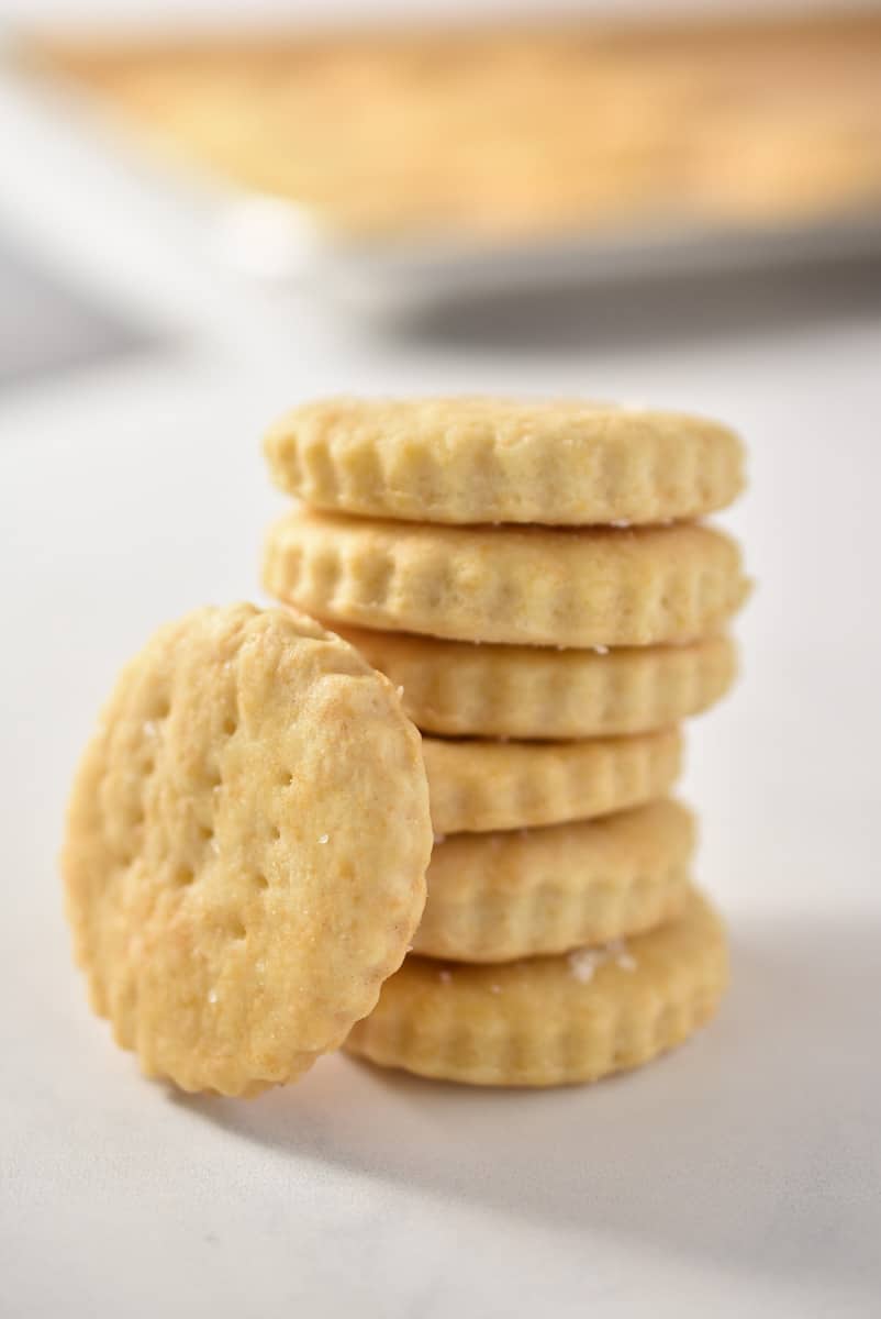 ritz crackers stacked up on the counter.