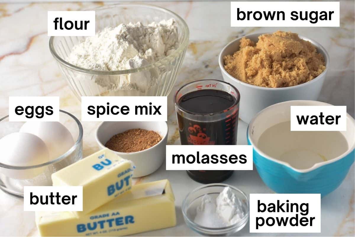 all cake ingredients measured on the counter with labels. 
