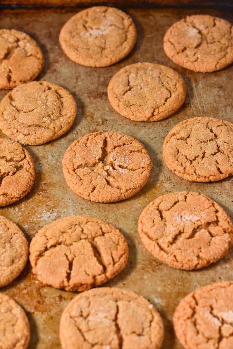 molasses crinkle cookies arranged on a baking sheet. 