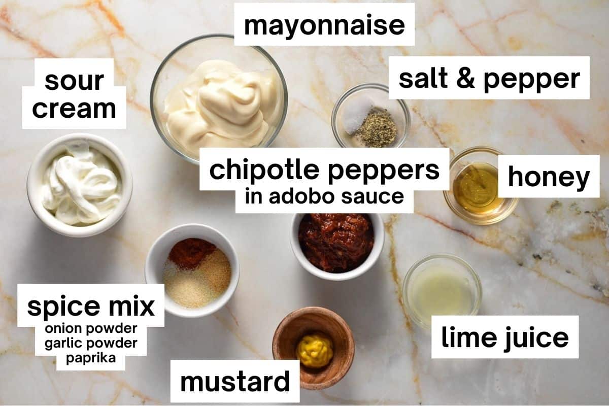 all sauce ingredients measured in bowls on the counter and labeled. 