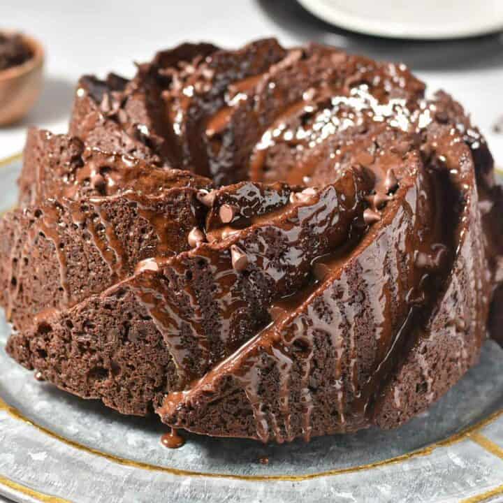 chocolate bundt cake inverted onto a platter.
