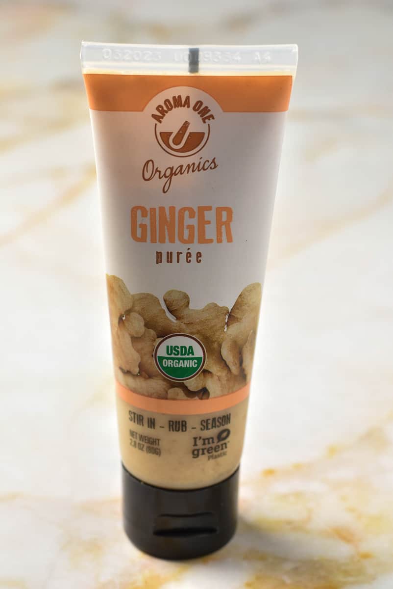bottle of ginger puree in a squeeze container on the counter. 