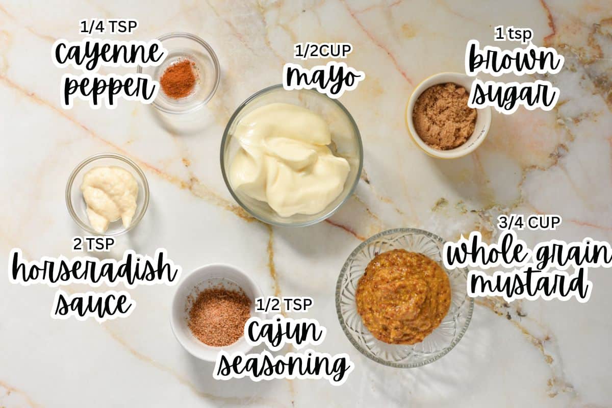 all ingredients for mustard sauce measured and labeled on the counter.