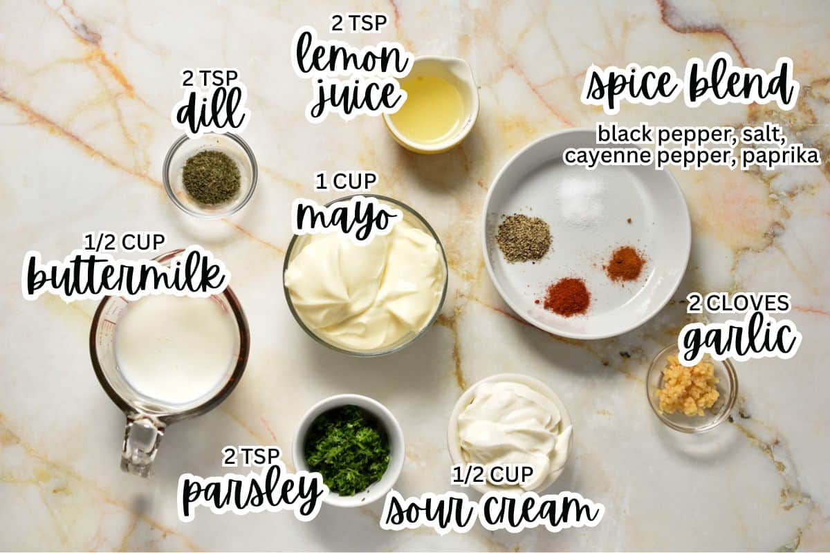 all ingredients for ranch dressing measured and labeled on the counter. 