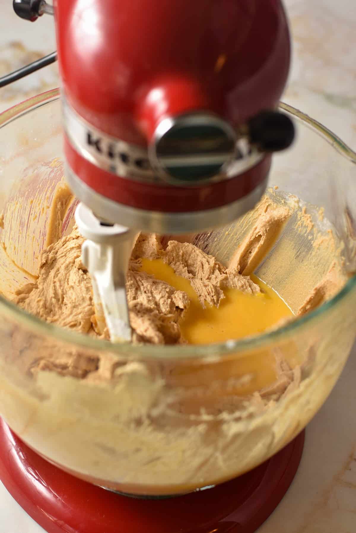 creamed butter in a stand mixer with wet ingredients added. 