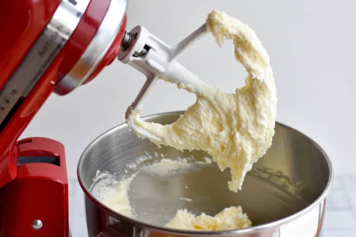 Cake batter in a mixer.