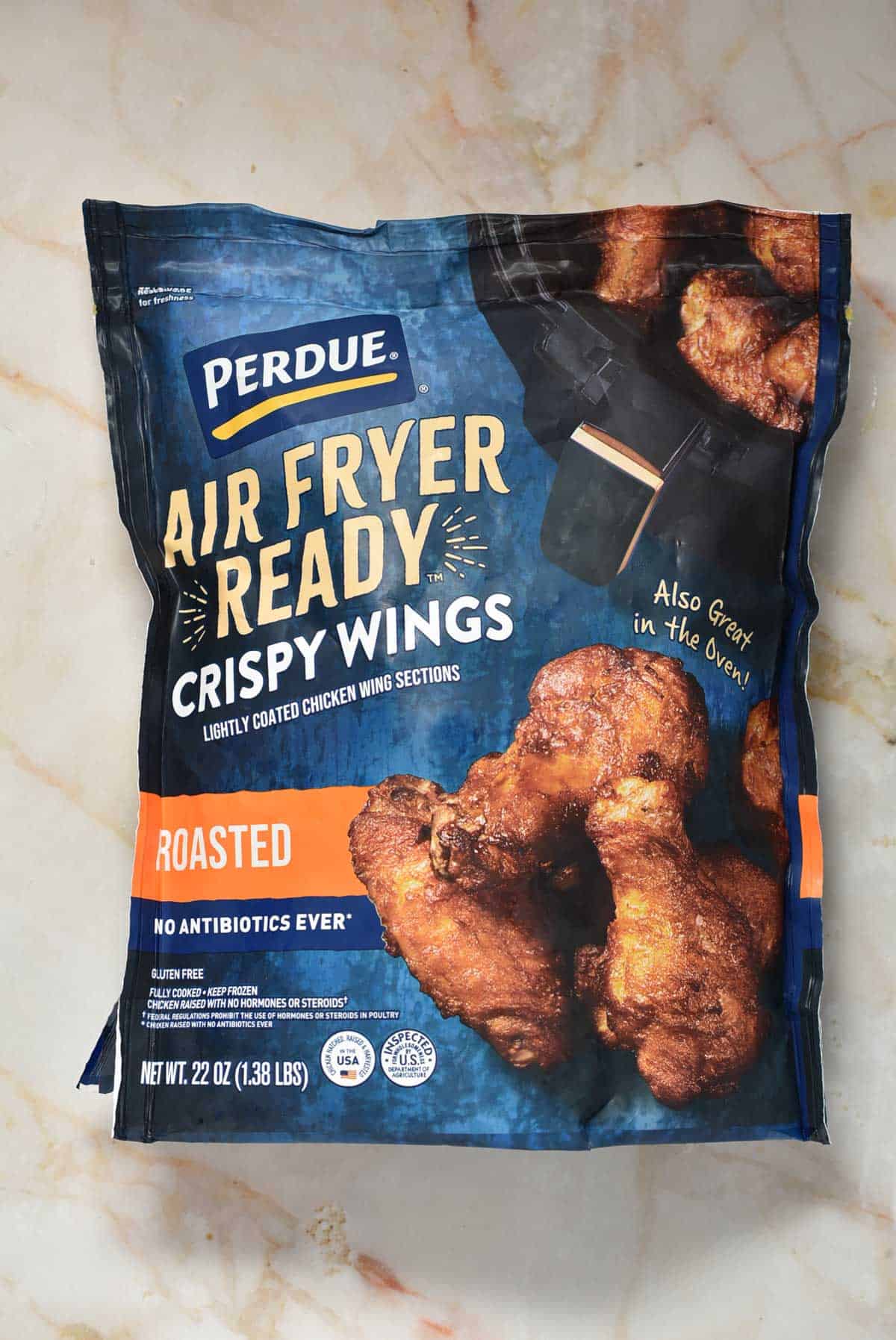 bag of air fryer-ready crispy wings sitting on the counter.