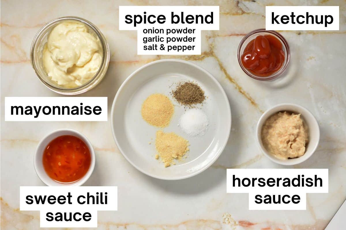 ingredients for bo sauce, including mayo, sweet chili sauce, horseradish sauce, and ketchup.