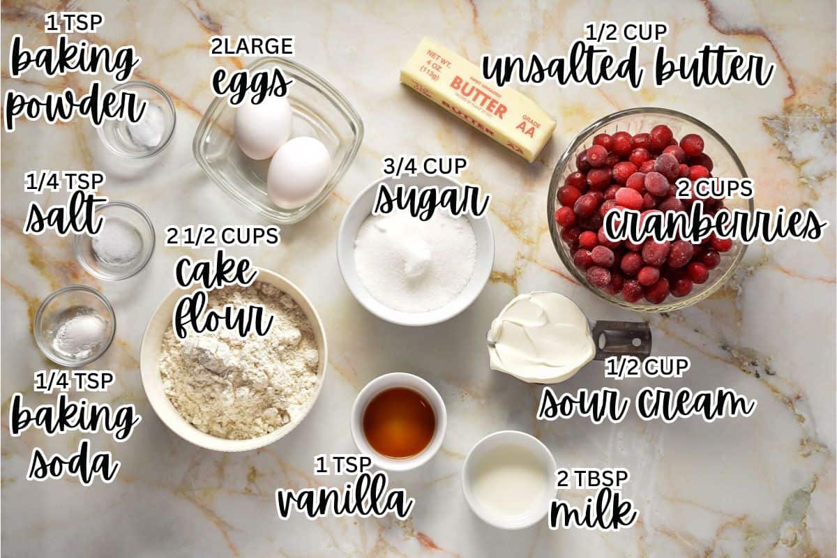 ingredients for cranberry cake with butter sauce including, eggs, vanilla flour, and sour cream.