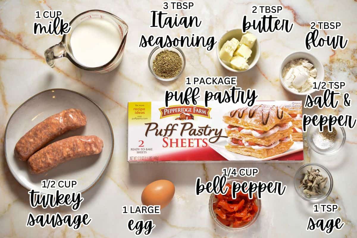 ingredients for Starbucks turkey sage danish, including puff pastry, bell pepper, butter, milk, and turkey sausage.